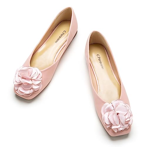 C.Paravano Ballet Flats for Women | Women's Floral Flat Shoes | Comfortable Square Toe Flats | Slip On Pink Dress Shoes for Wedding, Office Work, Casual (Size 10.5,Pink)