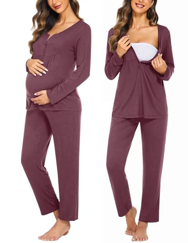 Image of Ekouaer Maternity Nursing Pajama Sets Labor Delivery Pjs Long Sleeve Breastfeeding Pajamas Pregnancy Sleepwear Set