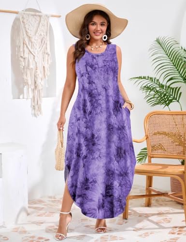 Image of JollieLovin Women Plus Size Summer Tank Maxi Dresses Sleeveless Causal V Neck Beach Long Dresses Swim Cover up (L-5X)