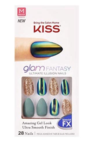 Kiss Glam Fantasy Medium Length Green Almond Shape Nails KGF06 Wake Up Call (Gold Glitters)
