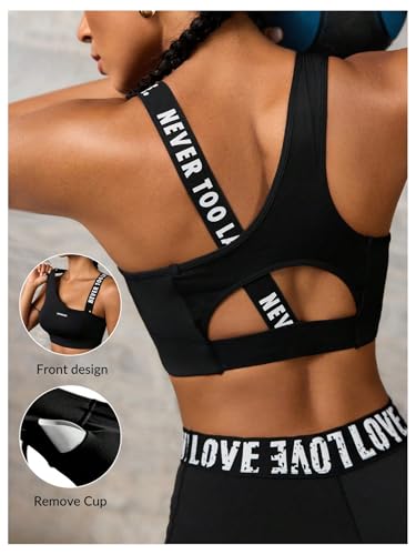 OYOANGLE Women's Letter Print Sports Bra Asymmetrical Neck Cut Out Medium Support Workout Yoga Bras4