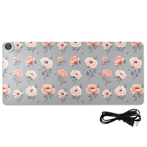 Tapis de souris chauffant en cuir premium 80 x 33 cm decor pivoines grises