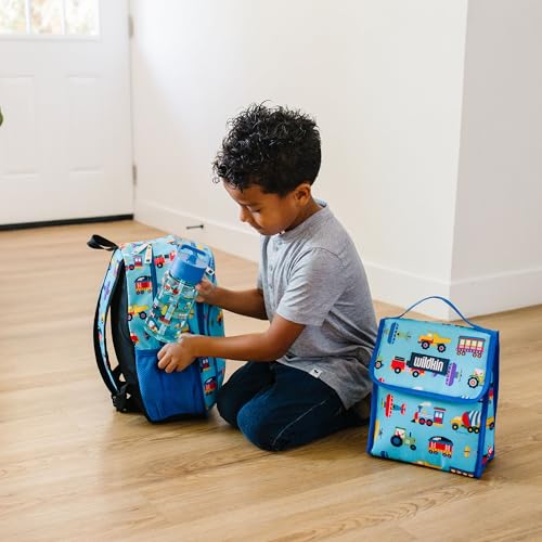 Image of Wildkin 15 Inch Backpack for Kids, Trains, Planes, and Trucks | Ages 5-10, padded straps, side water bottle pocket - coordinates with matching Wildkin lunch boxes and water bottles