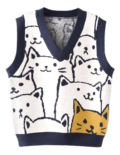 Arssm Womens Cat Print Pullover Sweater Vest V Neck Sleeveless Knit Vests 2025 Pullover Knitted Tank Top