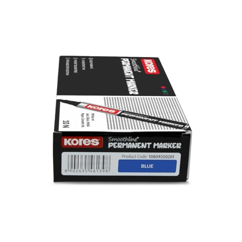 Image of Kores Smoothline+ Permanent Marker Pen, Blue | Pack of 10 | Bold, Fade-Resistant & Quick-Dry Ink | Long-Lasting, Non-Toxic, Smooth Writing for Office, School & Home |