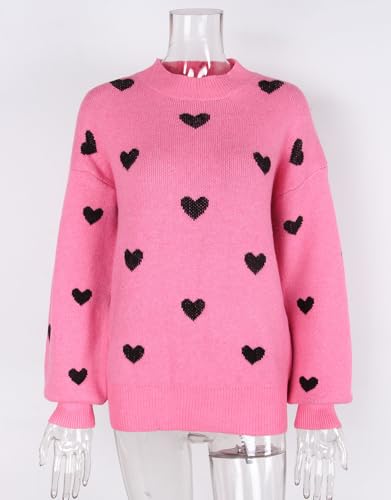 Image of Women's Long Sleeve Mock Neck Sweaters Loose Cute Heart Pullover Sweater