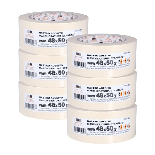 pennellificio 2000 | Juego de 6 cintas de papel para enmascarar y para pintores, eliminación sin residuos, antimanchas, tamaño 48 mm x 45 m, fabricado en Italia