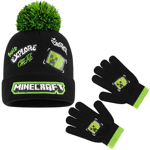 Minecraft - Minecraft Bonnet Garçon Ado Ensemble Vêtement Accessoires d'Hiver 3 Pièces avec Écharpe et Gants ou 2 Pièces Bonnet Gants (6-14 Ans, Vert Graffiti, 2 Pcs)