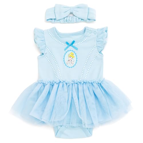 Disney Princess Cinderella Newborn Baby Girls Cosplay Bodysuit With Skirt Overlay & Headband Outfit Pastel Blue 0-3 Months