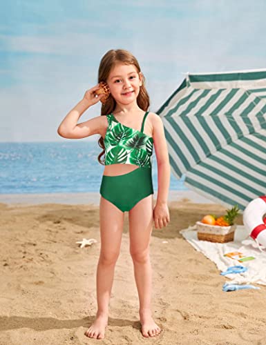 Girls Swimsuit Size 7-8 Years Old Girls Bathing Suit Tankini Green Banana Leaf Shoulder Strap One Piece Bikini Girls Swimwear #TOP2