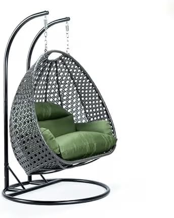 Image of Double Seater Hammock Swing Chair with Stand & Cushion | Heavy Duty Powder Coated Steel Frame | Outdoor Indoor Hanging Swing for Patio Balcony Garden Terrace Living Room (Brown-Dark.Green)