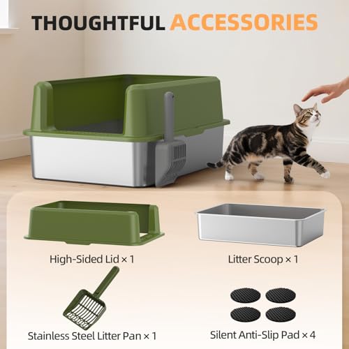Image of WoofiGo Enclosed Stainless Steel Cat Litter Box with Lid, XL Extra Large Litter Box for Big Cats, Metal Litter Pan High Sided, Never Absorbs Odors, Anti-Urine Leakage, Include Scoop (65-Green)