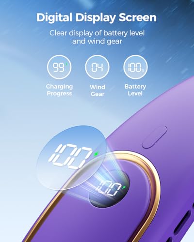 Portable Neck Fan – Neck Fans that Blow Cold Air Rechargeable with 5000mAh-Battery, 4 Speeds, Hands Free Wearable Cooling Personal Fan for Travel, Outdoor – Purple