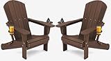 SERWALL Adirondack Chair with Cup Holders - Composite Adirondack Chairs Set of 2 HDPE Outdoor Chairs All Weather Use- Coffee