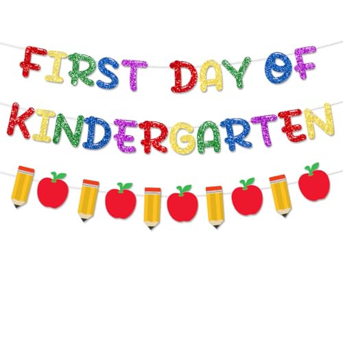 FHGG Pre-Strung First Day of Kindergarten Decorations Banner Welcome Back to School Pencil Apple Garland for Classroom Teacher Office School Photo Backdrop Party Favors Colorful Glitter NO DIY