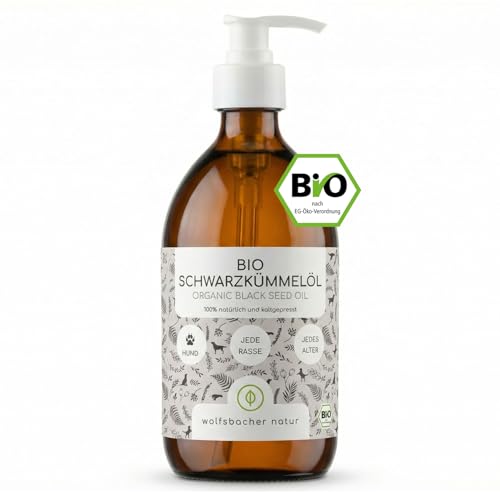 Bio Schwarzkümmelöl für Hunde 500ml, kaltgepresst aus kontrolliert biologischem Anbau DE-ÖKO-060, mit praktischem Dosierer