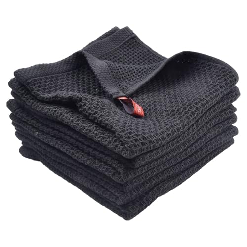 Homeponnew Lot de 6 torchons de cuisine gaufrés, super absorbants et non pelucheux en microfibre pour vaisselle, verres et surfaces délicates, 34 x 34 cm, noir