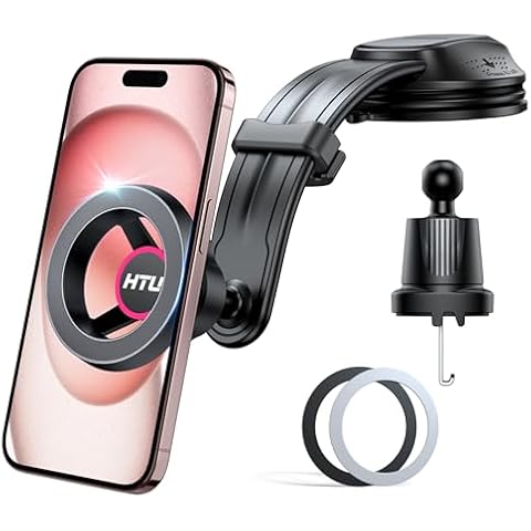 HTU for MagSafe Car Mount with Stabilizer, 5-in-1 Magnetic Phone Holder for Car Dashboard Windshield Vent, Bendable Rotatable Suction Cup, for iPhone 15 14 13 12, Charging Not Supported, Dark Rose Cover