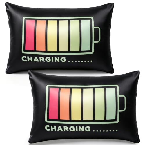 2 Pack Gamer Satin Pillowcases for Kids Adult, 30x20 Inch Soft Silk Feeling Pillow Covers with Zipper, Charging Battery Design, Cooling Breathable Pillow Cases for Boys Girls Bedroom