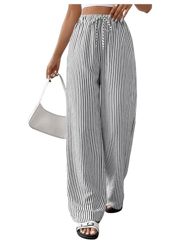 GORGLITTER Women's Striped Linen Pants High Waisted Wide Leg Casual Trendy Beach Trousers