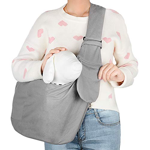 PETLOFT Reversible Pet Sling Carrier, Small Dog Carrier, Adjustable Dog Sling with Fine Pocket, Hands Free Cross Body Carrier with Collar Hook for Dog/Cat/Bunny up to 11lb, Grey