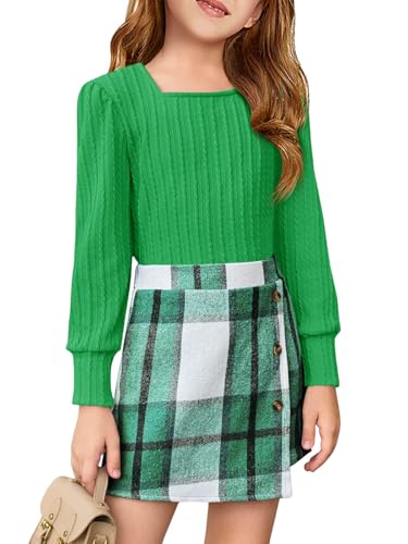 Haloumoning Girls Skirt Sets Fall Outfits Jacquard Long Sleeve Tops Plaid Skirts Shorts 2 Piece Clothing Sets 4-12Y