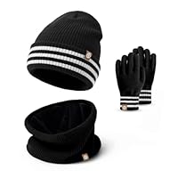 Baynetin Kids Hat Scarf Gloves 3-in-1 Winter Set | Thermal Beanie Hat + Fleece Neck Warmer & Touchscreen Mittens for Ages 4-10 | Windproof Soft Fleece Lining, Elastic Fit for Skiing/Snow Play (Black)