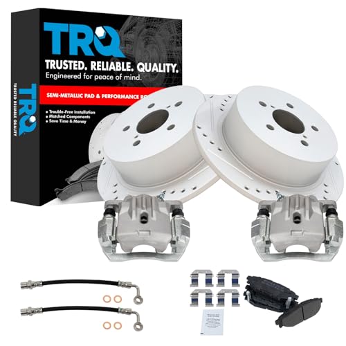 Image of TRQ Performance Rear Brake Pad & Rotor Set Semi Metallic Slotted Drilled Coated Rotors Calipers Compatible with 2006 2009 Subaru Legacy