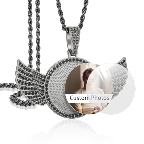 YIMERAIRE Black Angel Wing Picture Necklace Personalized Photo Necklace Memorial Custom Photo Chain Pendant For Men Women Hip Hop Jewelry