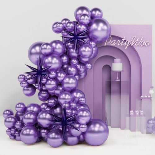 Image of PartyWoo Metallic Purple Star Balloons 110pcs Different Sizes 18 12 10 5 Inch Pack 22 Inch Purple Spike Star Foil Mylar Balloon Arch Kit for Birthday Wedding Party Decorations Purple-G105