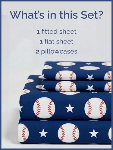 Image of Kids Queen Size Baseball Bed Sheets - 4 Piece Kids Baseball Sheet Set | Baseball Themed Bedding, Ultra-Soft, Cute & Cozy, Breathable & Machine Washable, Bed Set for Boys, Girls & Teens, Breathable