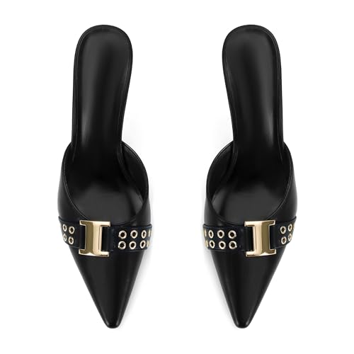Image of DOEYG Women Pointed Toe Bow Heels Mules Slip on Stiletto Heels Sandals Dress Party Wedding Studded Heels Pumps