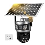 HOAYVKJ 6MP Dual Lens Solar Security Cameras, Wireless Outdoor WiFi Security Camera, 360° View Pan, Two-Way Audio, Motion Detection, Color Night Vision, Waterproof IP66 with 64G SD Storage