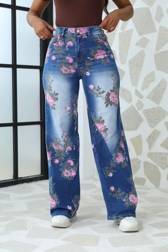 chouyatou Women's Y2K Wide Leg Floral Printed Jeans High Waisted Button Down Baggy Denim Pants3