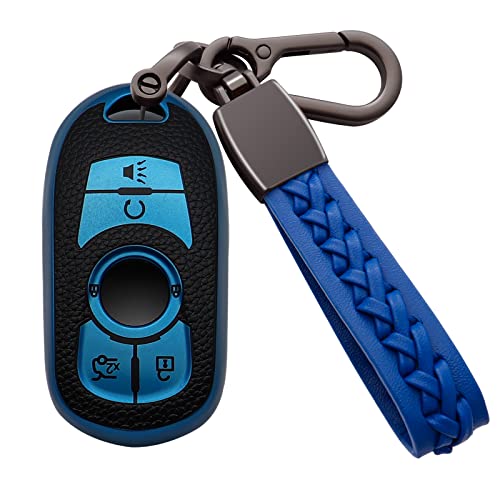 Image of for Buick Key Fob Cover Soft TPU with Leather Keychain Key Case Shell Full Protective Cover Compatible with Buick 2015-2023 GL8 Verano Enclave Regal Lacross Encore Envision 6 Button, A Blue