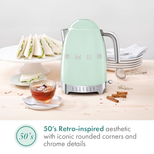Image of SMEG Variable Temperature Electric Kettle 1.7L (7 Cup), Stainless Steel Tea & Coffee Kettle, Fast Boil, Adjustable Temp 122F-212F, Keep Warm, Auto Shut-Off, 360 Base, Retro Style-Pastel Green