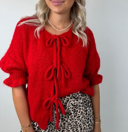 Women Trendy Bow Tie Sweater Cardigans Solid Color Puff Sleeve Loose Chunky Knited Jacket Open Front Knitwear2