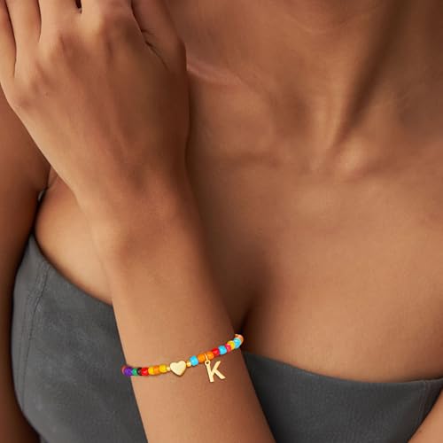 Colorful Initial Bracelets for Women Girls - Trendy Beaded Heart Initial Bracelet Teen Girl Gifts Trendy Stuff Bohemian Gold Letter Bracelet Personalized Gifts for Women Girls Jewelry4