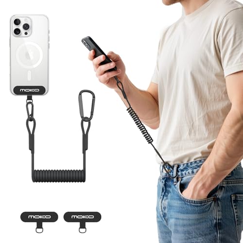 MoKo Phone Lanyard Tether with Patch Anti-Theft Cell Phone Strap with Carabiner Universal Stretchy Anti-drop Cellphone Lanyard for Outdoor Hiking Climbing Fishing Fits Most Smartphones Black
