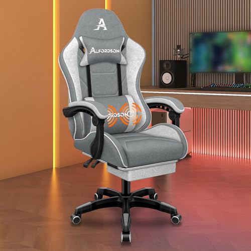ALFORDSON Silla Gaming de Masaje, Silla de Oficina con reposapiés, Silla Gaming de Carreras, Capacidad de 180 kg, Respaldo Ajustable de 90-150°, Silla ergonómica para PC, Tela, Empalme Gris