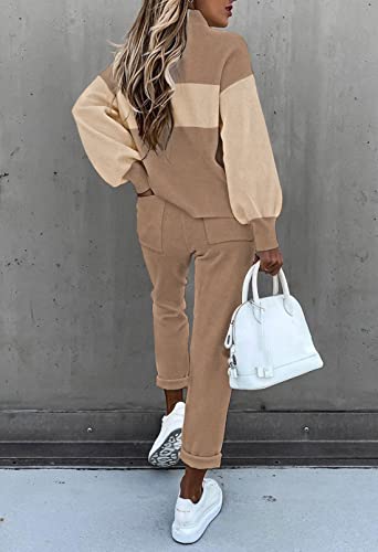 Fixmatti Women Two Piece Sweatsuits Colorblock Sweatshirt Matching Long Pant Jogger Set Tracksuit Khaki L #TOP3