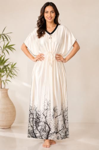 Image of Noty Women's Kaftan Nighty | Digital Print | Sarena Fabric | V Shaped Neck Nightwear | Nightdress for Girl