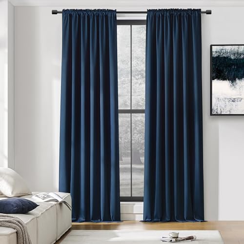 Image of DONREN 96 Inches Long Floor Length Curtains - Navy Blue Blackout Drapes - Rod Pocket Thermal Insulated Curtains for Living Room - 42 x 96 Inch, Set of 2 Panels