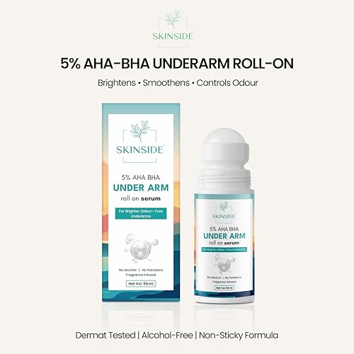 Image of SkinSide 5% AHA-BHA Under Arm Roll On for Dark Underarms | Brightening & Odour Control | Niacinamide + 2.5% Lactic Acid + 2.5% Glycolic Acid | Gentle Exfoliation & Hydration | Alcohol-Free | 50 ml