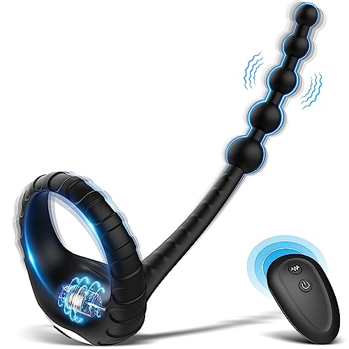 Vibrating Cock Ring with Anal Beads Butt Plug, Sex Toys for Men Couples, 3 in 1 Silicone Penis Ring with 10 Vibration Remote Control Male Penis & Anal Prostate Vibrator Anal Toys for Men Gay Play