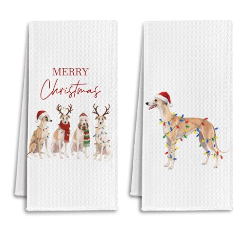 IRTAGANNY Christmas Whippet Kitchen Towels, Whippet Dog Lover Gifts Dish Tea Towels for Kitchen, Merry Christmas Dog Decorative Hand Towel for Bathroom, 16x24 Inch Set of 2