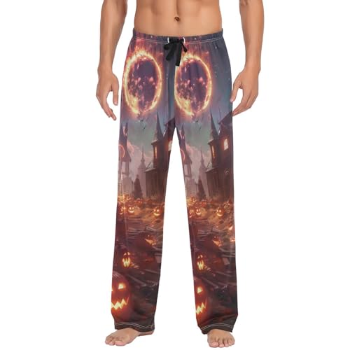 Men's Pajama Pants Halloween Fire Pumpkins Sleep Pajama Lounge Pant with Pockets, Elastic Waistband