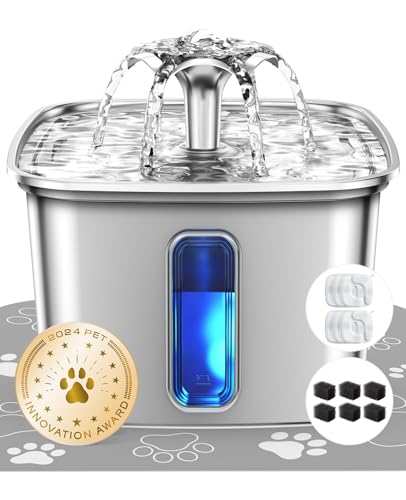 Veken Innovation Award Winner Stainless Steel Cat Water Fountain, 108oz/3.2L Automatic Pet Fountain Dog Water Dispenser with 6 Replacement Filters & Silicone Mat for Cats, Dogs, Multiple Pets (Silver)