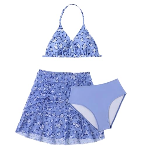 Girl's 3 Piece Halter Bikini Sets Tropical Floral Bathing Suit with Cover Skirt Swimsuit Teen Girls Beach Swimwear