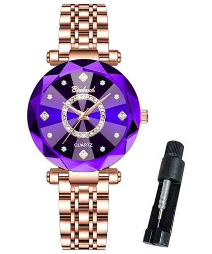 Image of BINBOND Watches for Women Rose Gold Luxury Diamond Fashion Elegant Dress Stainless Steel Ladies Female Wrist Watch Gift Waterproof, Purple, watches for women